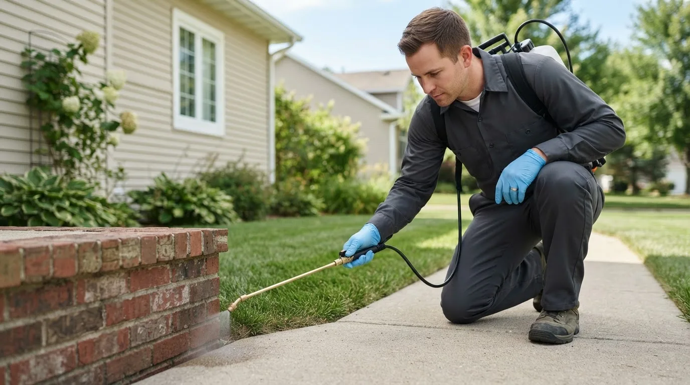 Pest control technician treating a home near Glen Wild, NY